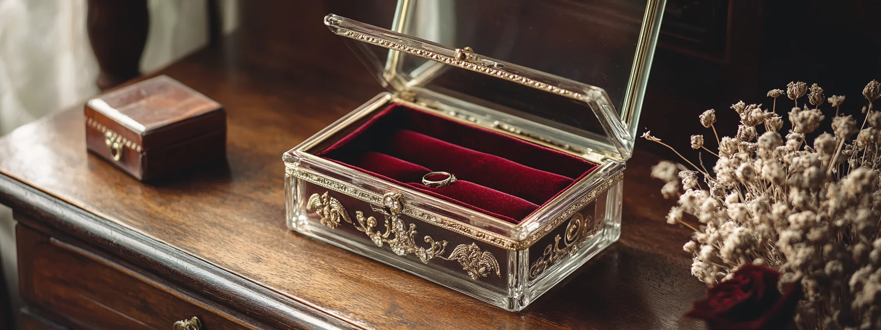 Close-up of a glass wedding ring box vintage, featuring ornate details.